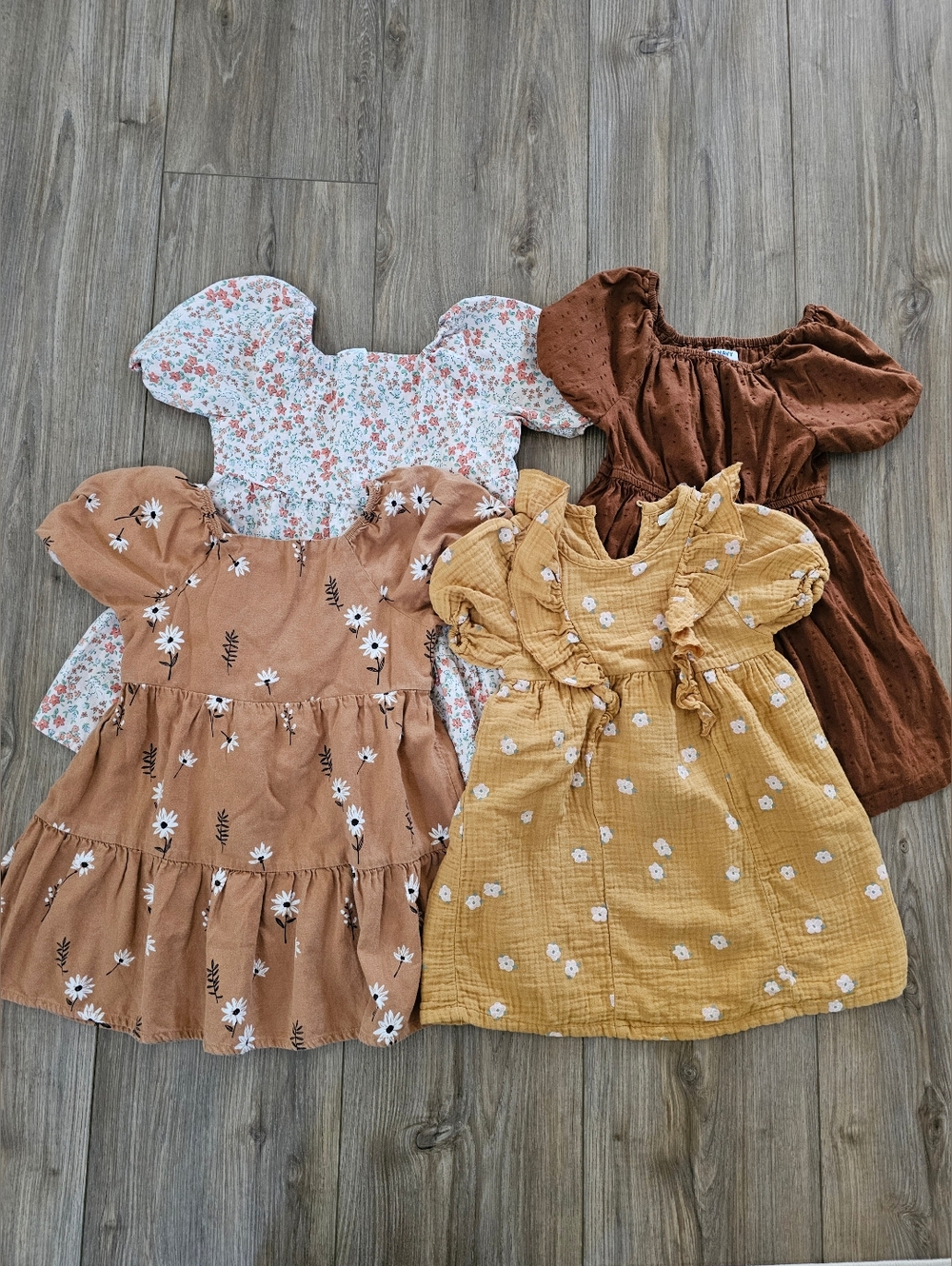 Girls' Floral & Solid Dress Set - Mustard, Rust, Brown, White | Linen | Cotton